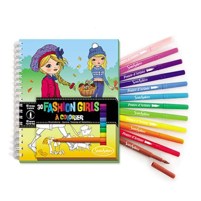 SENTOSPHERE Carnet De Coloriage + Feutres - Fashion Girls