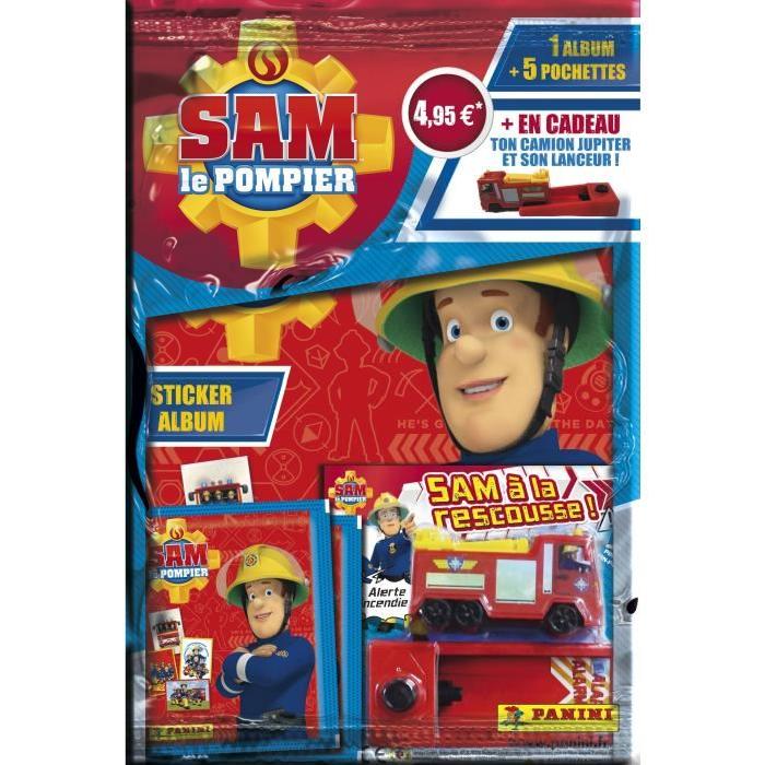 PANINI Album + 5 pochettes de 5 stickers + 1 camion de pompier Sam Le Pompier