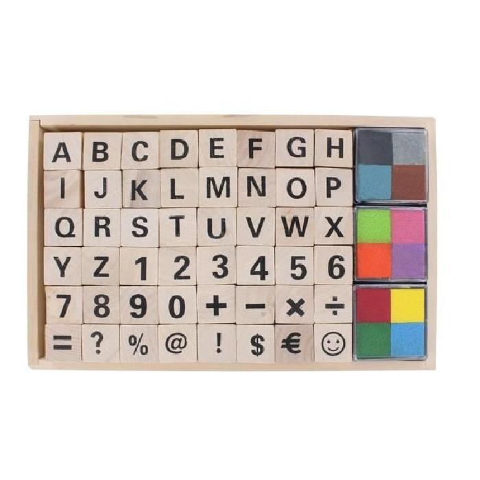 LA FOURMI Set 26 tampons alphabet en bois - 2x2x2cm + 4 couleurs