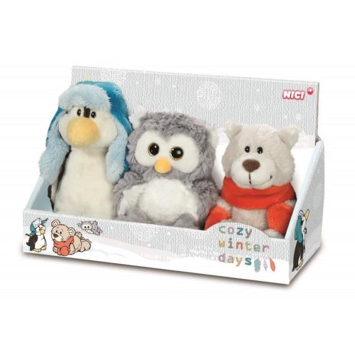 NEOTILUS Set 3 Peluches : Pingouin, Ours et Hibou 15cm