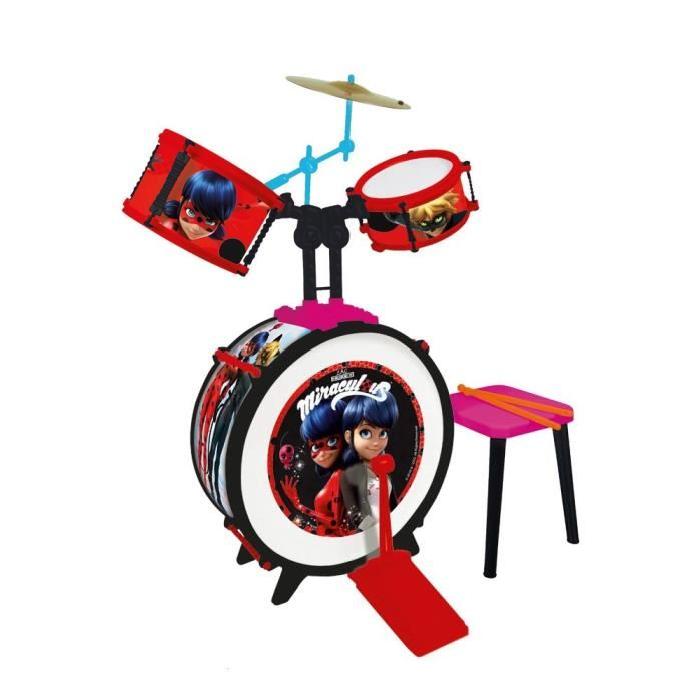 MIRACULOUS/LADYBAG Batterie et tabouret (Grosse caisse, deux tambours, bongo, cymbale, baguettes professionnelles)
